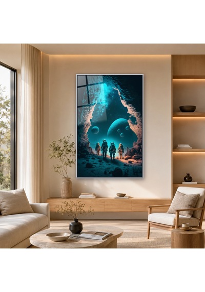 Mağaradan Gezegenlere Bakan Astronotlar Gümüş Çerçeveli Cam Tablo