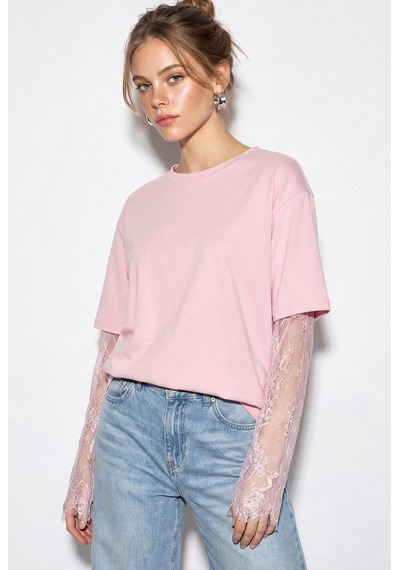Shade Kadın Bisiklet Yaka Dantel Kollu Oversize Pamuklu T-shirt 1049 60286075 - Pembe