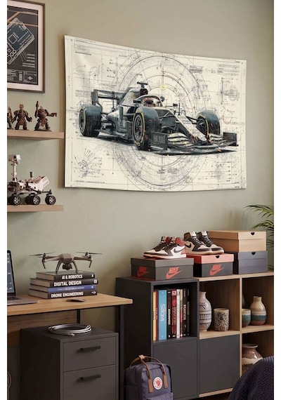 Formula 1 Yarış Aracı Teknik Çizim Dekoratif Duvar Örtüsü Duvar Halısı Beyaz