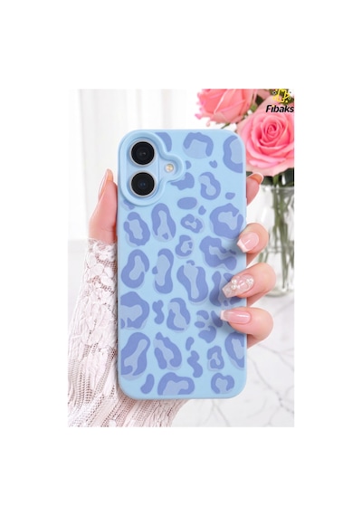 Fibaks iPhone 16 Uyumlu Kılıf Mavi Leopar Şık Tasarımlı Premium İnce Soft Silikon