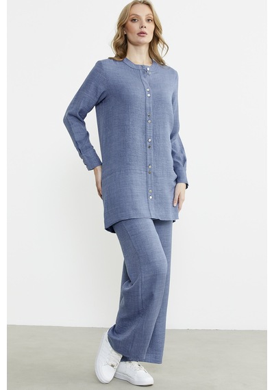 Sementa Keten Görünümlü Gömlek Pantolon Takım - Indigo Indigo