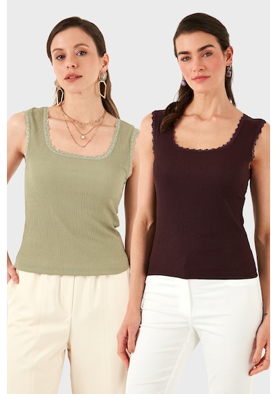 Lela Slim Fit Kalın Dantelli Kare Yaka Bürümcük 2'Li Paket Bayan Atlet 5864979S2 Olive-Vişne