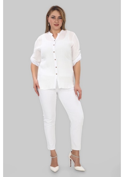 Lady Majestic %100 Cotton Hakim Yaka Büyük Beden Kadın Müslim Kumaş Gömlek Beyaz