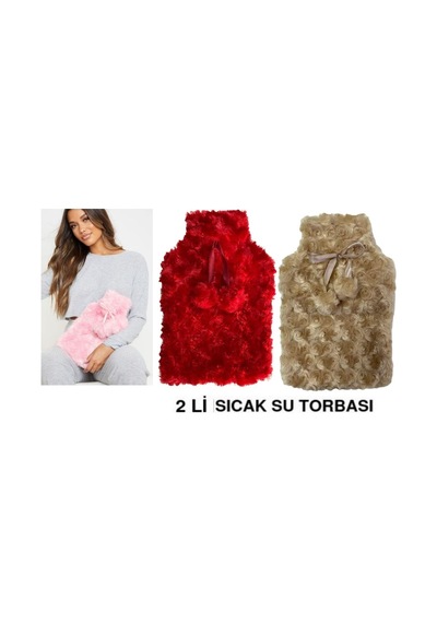 Sıcak Su Torbası 2 Adet Ponponlu Termofor 26x17x2cm 1 Litre Kırmızı-bej