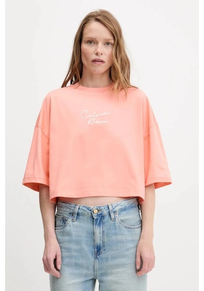 Cropped Boxy Chain Stitch Logo Turuncu Kadın T-shirt-8680 Turuncu