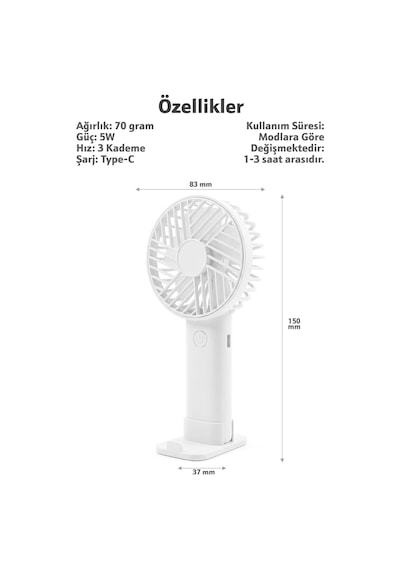 Standlı 3 Mod Şarjlı El Fanı 3 Kademe Seyahat Masaüstü Vantilatör Taşınabilir Mini Fan Beyaz F137