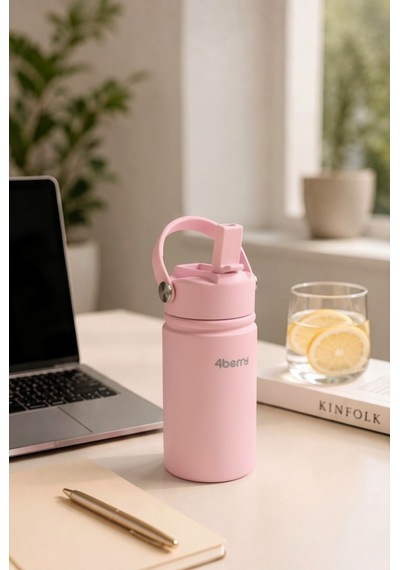 350 Ml Kulplu Pipetli Çelik Termos Bardak Bpa Free, Taşınabilir Mini Termos, Pembe Renk