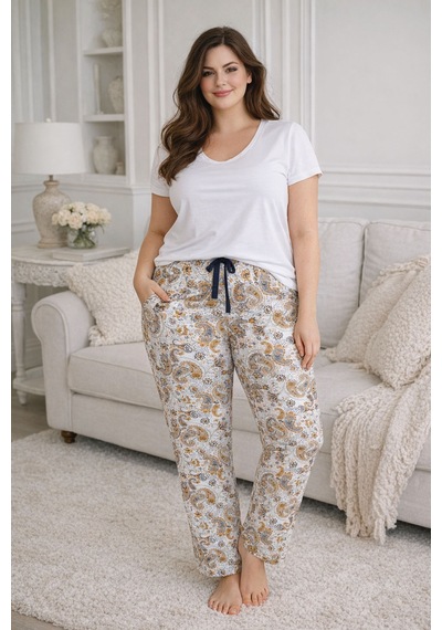Remsa Büyük Beden Kadın Etnik Desen Viskon Kumaş Penye Battal Tek Pijama Alt 13 Beyaz