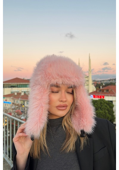Mollycrush Luxury Kadın Pembe Uzun Tüylü Suni Kürklü Peluş Tüylü Pilot Şapka Pembe