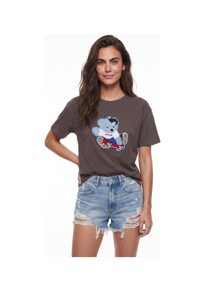 Onloox Kadın Kahverengi Kakao Pamuklu Bisiklet Yaka Rahat Kalıp Teddy Figür Nakışlı İşlemeli Basic T-shirt