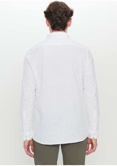 AC&Co / Altınyıldız Classics  Erkek Beyaz %100 Pamuk Flamlı Slim Fit Dar Kesim Düğmeli Yaka Armürlü Gömlek Beyaz