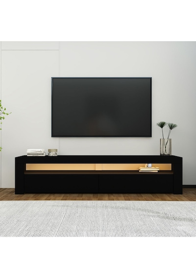 Batı Led Işıklı 2 Kapaklı TV Sehpası 150 cm Minimal Tasarım, Ahşap siyah