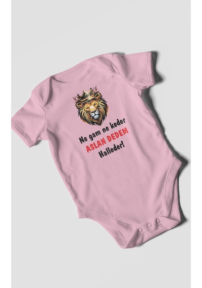 Ne Gam Ne Keder Aslan Dedem Halleder Baskılı Bebek Zıbını Çıtçıtlı Body %100 Pamuk Kısa Kol Koyu Pembe