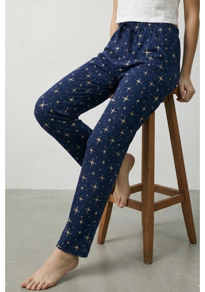 Elemge %100 Pamuk Desenli Kadın Pijama Altı Interlok Kumaş Rahat Kalıp İndigo Cepsiz Kurdele Yıldız Baskı
