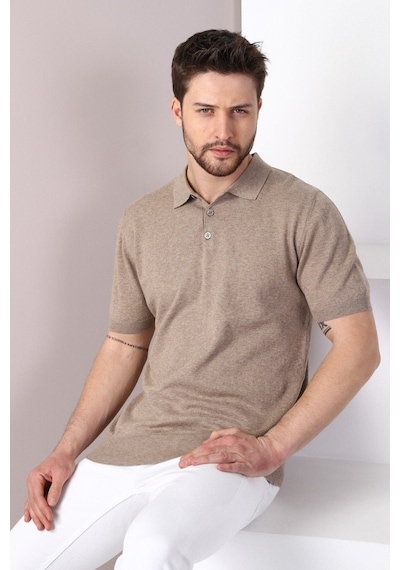 Ferraro Bej Polo Yaka Düz Renk Erkek Pamuk Triko T-Shirt-Bej