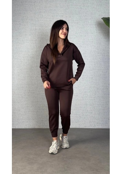 Defymoda Kadın Uzun Kollu Kapüşonlu Ikili Takım Kahverengi