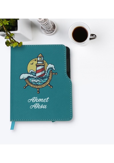 Kişiye Özel Dümen Tasarımlı Turkuaz Termo Deri Defter-4 Çok Renkli
