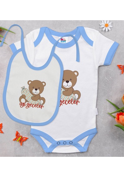 Bk Kids Sevimli Ayıcık Tasarımlı Mavi Bebek Body Zıbın Ve Mama Ön Çok Renkli