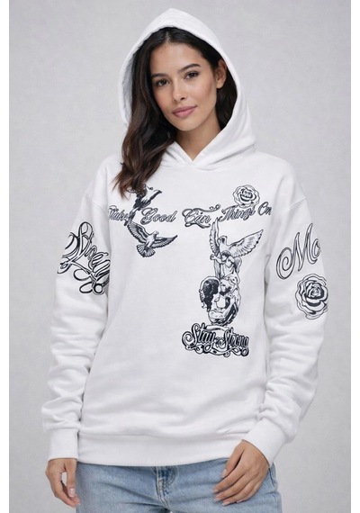 Primemagazam Kadın 3 İplik Pamuklu Kapüşonlu Baskılı Sweatshirt Hoodie - Beyaz Çeşitli