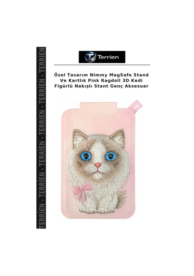Özel Tasarım Nimmy Magsafe Stand Ve Kartlık Pink Ragdoll 3d Kedi Figürlü Nakışlı Stant Genç Aksesuar