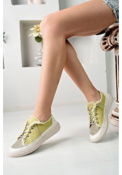Craft Moda Neva Taşlı Düz Taban Kadın Kot Sneakers Sarı