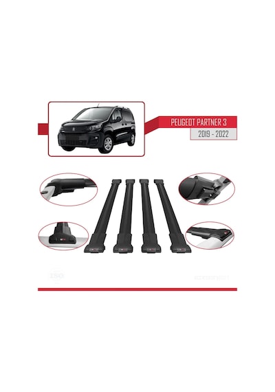 Peugeot Partner 2019-2022 Arası İle Uyumlu Fly Model Ara Atkı Tavan Barı Siyah 4 Adet Bar