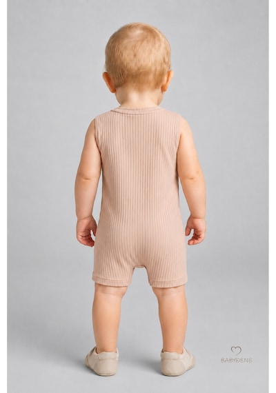 Babyden's Erkek Bebek Yazlık Ayıcık Baskılı Fitilli Tulum %100 Pamuk Kolsuz Şort Tulum Yenidoğan Bebek Romper 0-9 Ay Bej