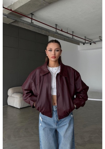 Meecy Kadın Yeni Sezon Bomber Deri Ceket Bordo Bordo