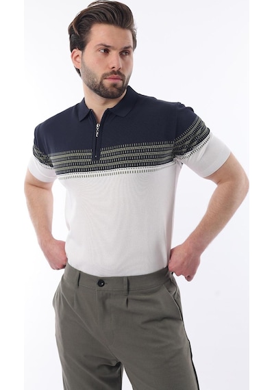 Madmext Lacivert Fermuarlı Polo Yaka Desenli Erkek T-shirt E7296 Lacivert