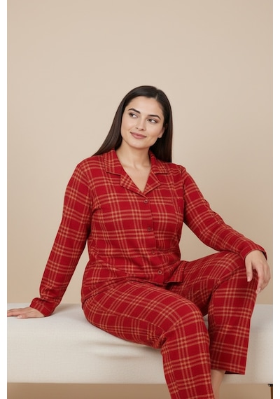 Bravie Luxury Soft Kırmızı Ekose Desenli Uzun Kollu Kadın Pijama Takımı Büyük Beden 3018 Kırmızı
