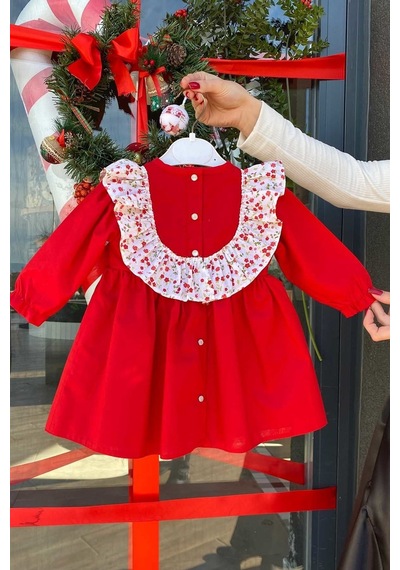 Çiçekli Fırfır Ve Kurdele Detaylı Cici Kız Çocuk Bebek Bayram Doğum Günü Kırmızı Elbise 001