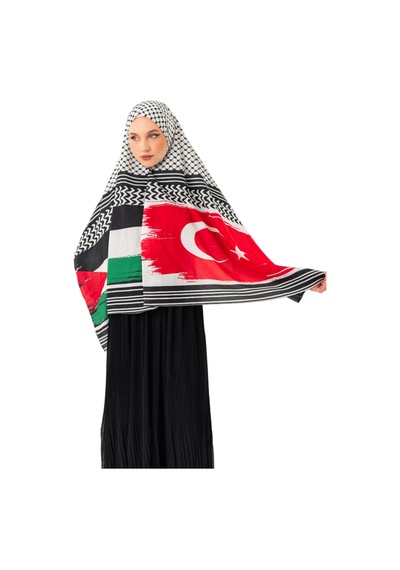 Zaytoon Şal Kefiye Desenli Filistin Ve Türkiye Bayrakları Dijital Baskılı Filistin Şal S100044 Çok Renkli