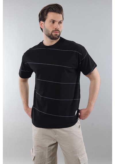 Madmext Siyah Bisiklet Yaka Basic Çizgili Erkek T-shirt E7102 Siyah