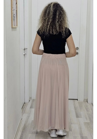 Lodmela Bel Lastikli Kloş Şifon Etek 6003-pudra Pudra