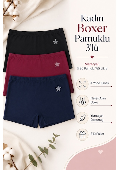 Nicoletta Kadın Boxer 3 Lü Paket Likralı Pamuklu Bordo