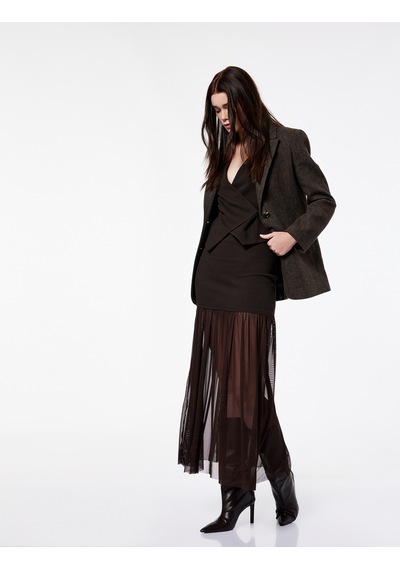 Koton Koton X Şahika Ercümen - Slim Fit Tül Detaylı Midi Etek Kahverengi 6wak10307ek Kahve