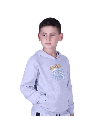 Fyk Kids Kapüşonlu Kanguru Cepli Skater Baskılı Erkek Çocuk Sweatshirt Gri