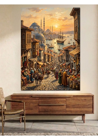 Boğaz Ve Tarihi Ve Kalabalık Ve İstanbul Sokak Manzarası Dekoratif Kanvas - Mdf Ahşap Tablo Çok Renkli