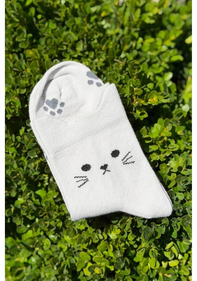 Lousocks Unisex Kedi Kulaklı Pati Desenli Gri Melanj Soket Çorap