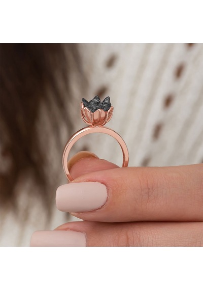 Rose Altın Kaplama Siyah Zirkon Taşlı Lotus Çiçeği Kadın  Yüzük Rose Gold