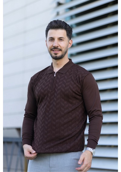Hk Premium Erkek Triko Kazak Zikzak Desenli Polo Yaka Fermuarlı Slim Fit Kahverengi