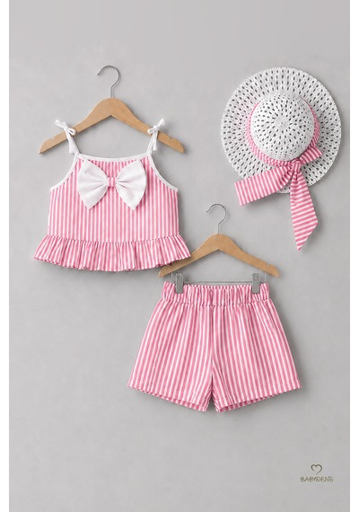 Babyden's Kız Bebek Yazlık Takım Şapkalı Şortlu Takım Askılı Fiyonklu Alt Üst Takım Günlük Özel Gün Kombini Pembe