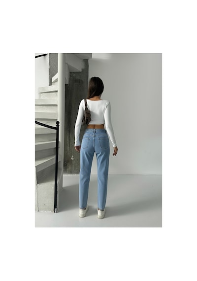 Bluemarlin Yüksek Bel Tam Kalıp Mom Jeans Pantolon Mavi