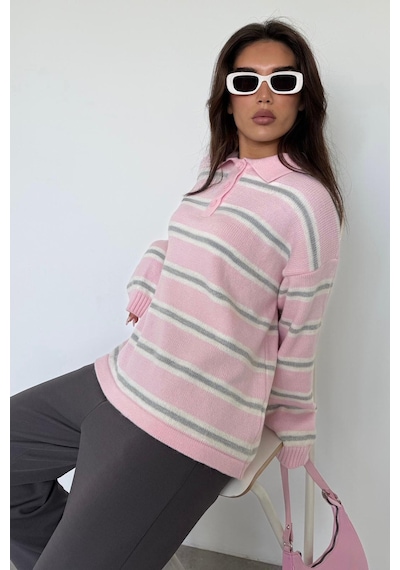 Madmext Pembe Polo Yaka Çizgili Kadın Triko Kazak Mg2469 Pembe