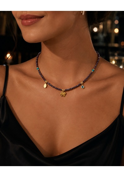 Mystic Nazar Mor Kristal Görünümlü Boncuklu, Turkuaz Detaylı Yonca Ve Nazar Charm Kadın Choker Kolye Renkli Mystic Nazar Mor Kristal Görünümlü Boncuklu, Turkuaz Detaylı Yonca Ve Nazar Charm Kadın Choker Kolye Renkli