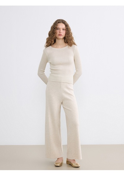 Lcw Modest Bej Beli Lastikli Geniş Paça Kadın Triko Pantolon