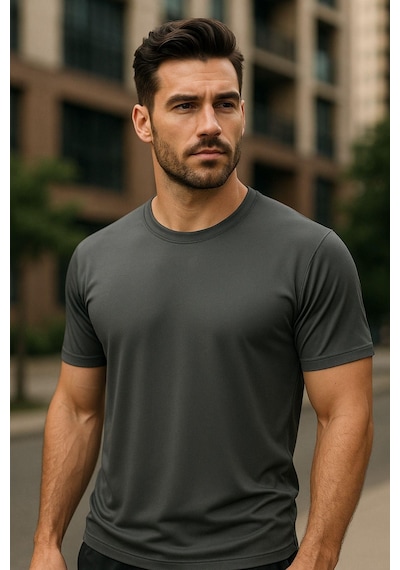 Rich Erkek %100 Pamuk Slim Fit Tişört Basic Bisiklet Yaka Kısa Kollu T-shirt Gri