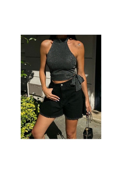 Nido Moda Kadın Çizgili Halter Yaka Bluz - Yan Bağlamalı Simli Crop Top Siyah