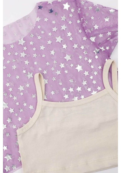 Le Mabelle Lila Yıldız Baskılı Kısa Kollu Kız Çocuk Tül Crop Lila