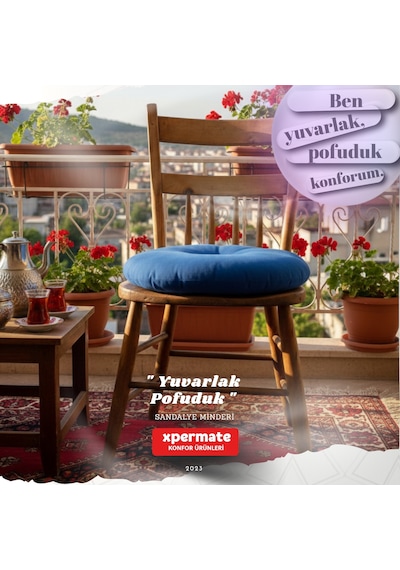 Pofuduk Yuvarlak Sandalye Minderi Mutfak, Balkon, Bahçe Dekoratif Oturma Minderi Yumuşak Dolgu Mavi